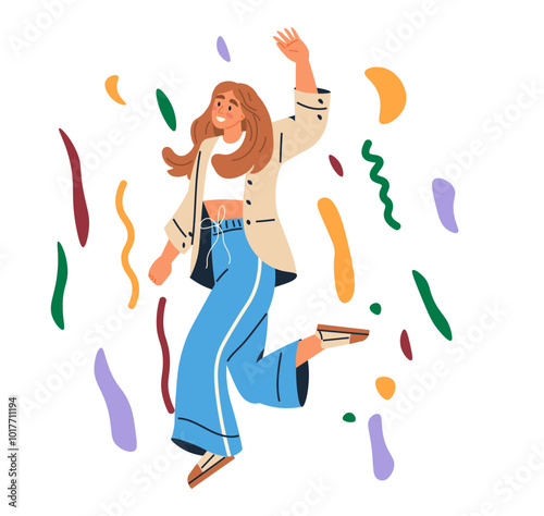Celebration concept. Woman joyfully dancing surrounded by colorful streamers. Ideal for party themes, festive events, joyful occasions, personal milestones, holiday celebrations. Illustrative