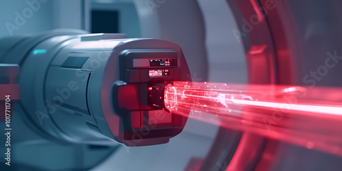 A close-up of a radiation therapy machine in operation, directing beams accurately at a cancerous tumor.
