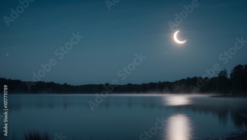 Tranquil Nighttime Lake with Crescent Moon and Stars.