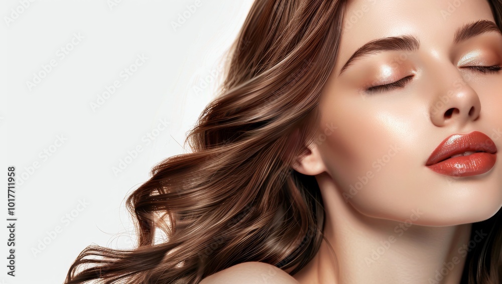 Fototapeta premium Attractive woman with long brown hair, flawless skin, and glossy lips on a white background, space for text. Beauty concept. Skincare Salon