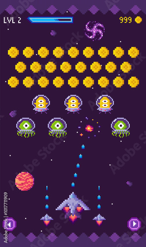 Retro-styled spacecraft battles alien enemies amidst a cosmic backdrop. Player-controlled spaceship shoots projectiles at rows of enemies, with planets and stars in background. Ideal for gaming