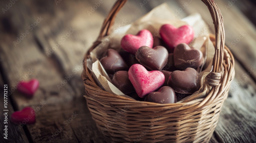 Wicker Basket Filled with Heart-Shaped Chocolate Candies Wicker Basket Filled with Heart-Shaped Chocolate Candies