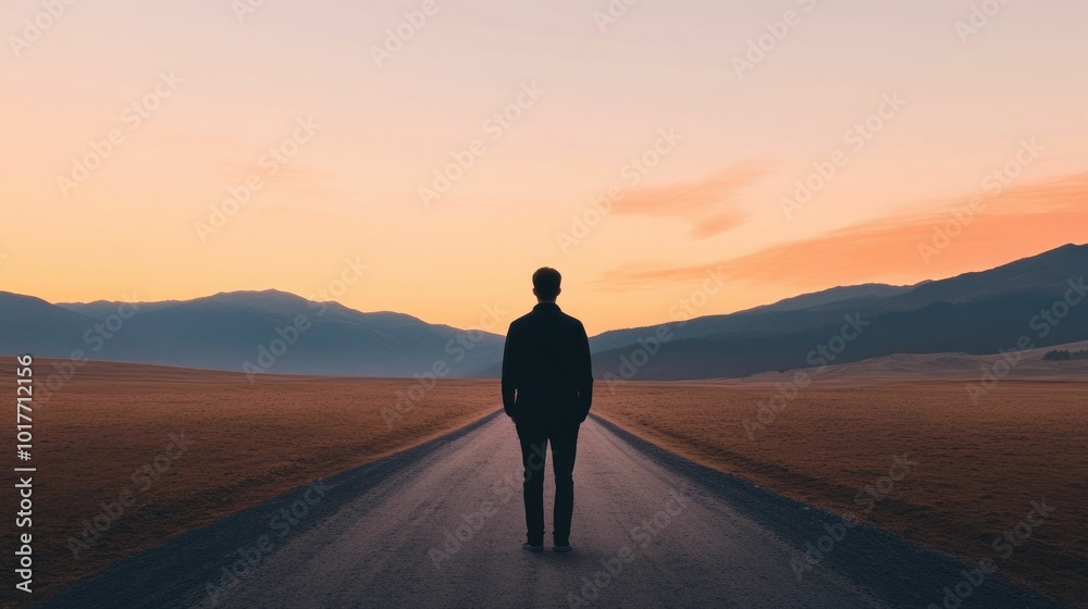 Silhouetted male figure standing at a crossroads deciding which path to take as a new beginning unfolds against a breathtaking sunset landscape with distant mountains