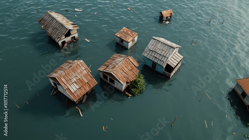 A powerful 3D illustration depicting climate refugees and displaced communities forced to leave their homes due to environmental disasters.  photo