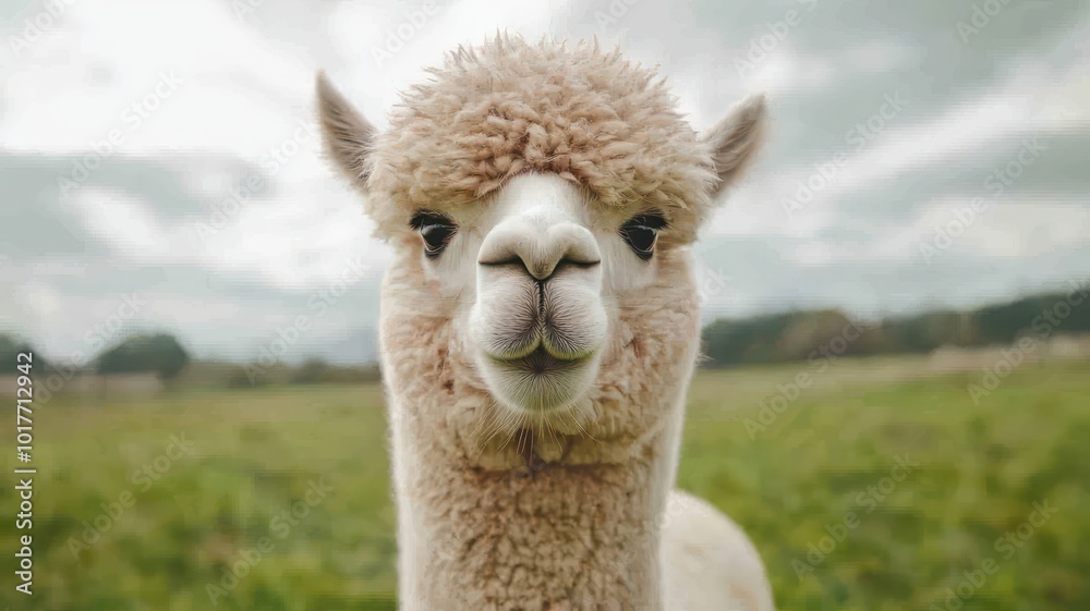 Obraz premium A close-up view of a fluffy alpaca showcasing its soft, curly wool as it grazes peacefully in a vibrant meadow.