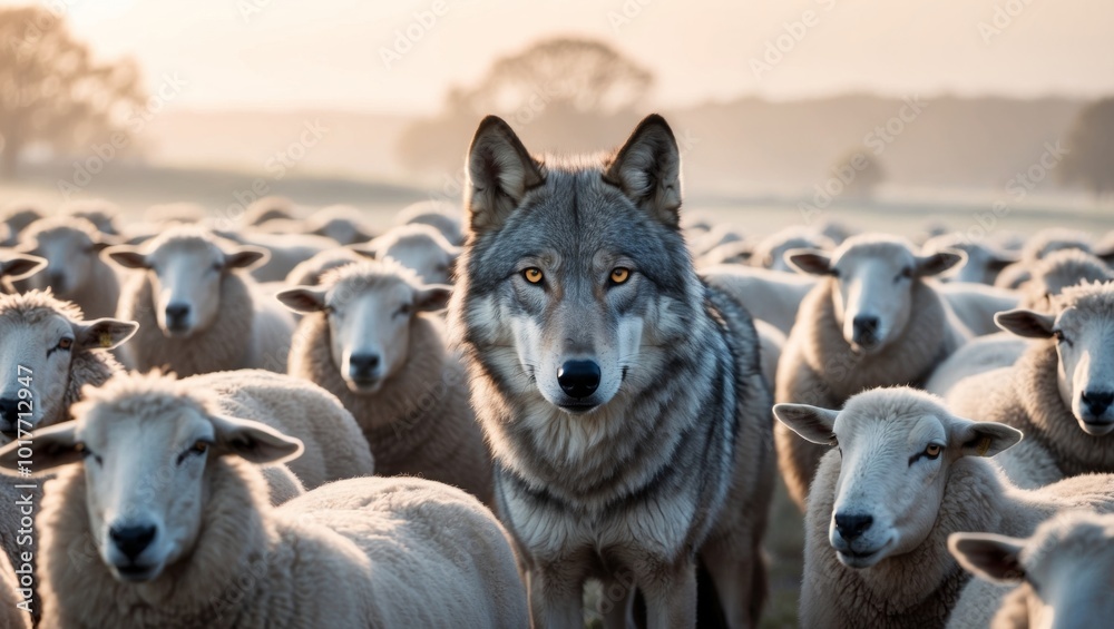 Wolf staring intensely at the viewer among a flock of sheep in the evening light. Wolf staring intensely at the viewer among a flock of sheep in the evening light.