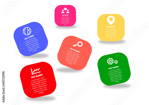 Infographics with 6 colorful creature icons with shadow for products and web
