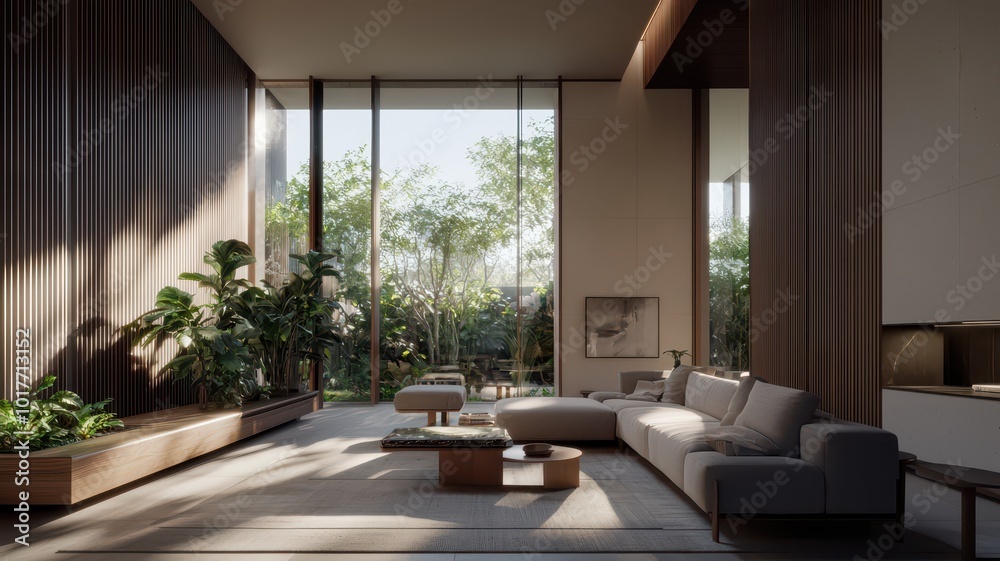 Fototapeta premium A cozy modern living room characterized by its spacious layout and minimalist furniture.