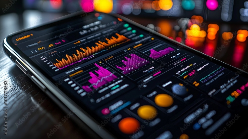 A smartphone displaying colorful data visualizations and graphs on a dark interface. A smartphone displaying colorful data visualizations and graphs on a dark interface.