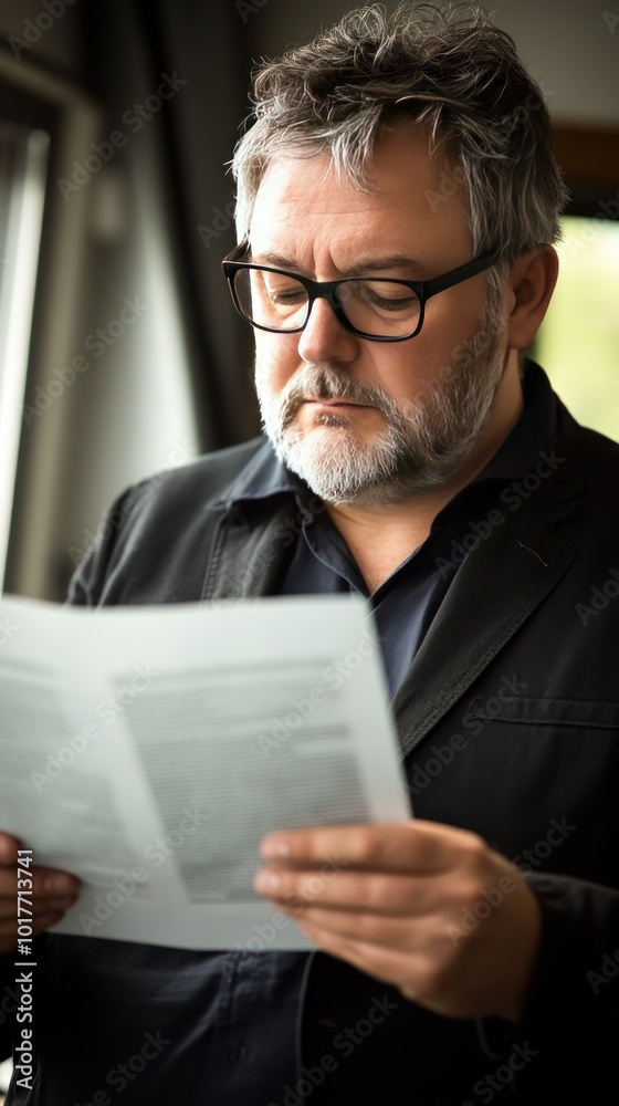 A man reading a document with a focused expression in a well-lit indoor setting. A man reading a document with a focused expression in a well-lit indoor setting.