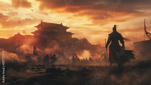 A lone warrior stands amidst the chaos of a battle before a fortified palace