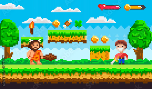 Caveman and modern character in a colorful, pixel art style, side-scrolling video game setting with clouds, trees, and platforms. Ideal for retro games, adventure, nostalgia, youth, tech themes