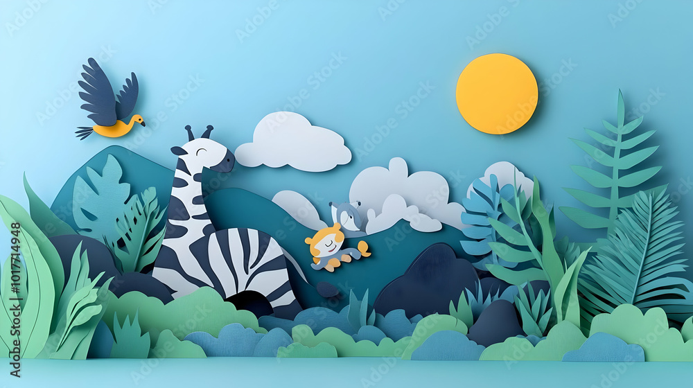 Fototapeta premium Papercraft Jungle Landscape with Animals.