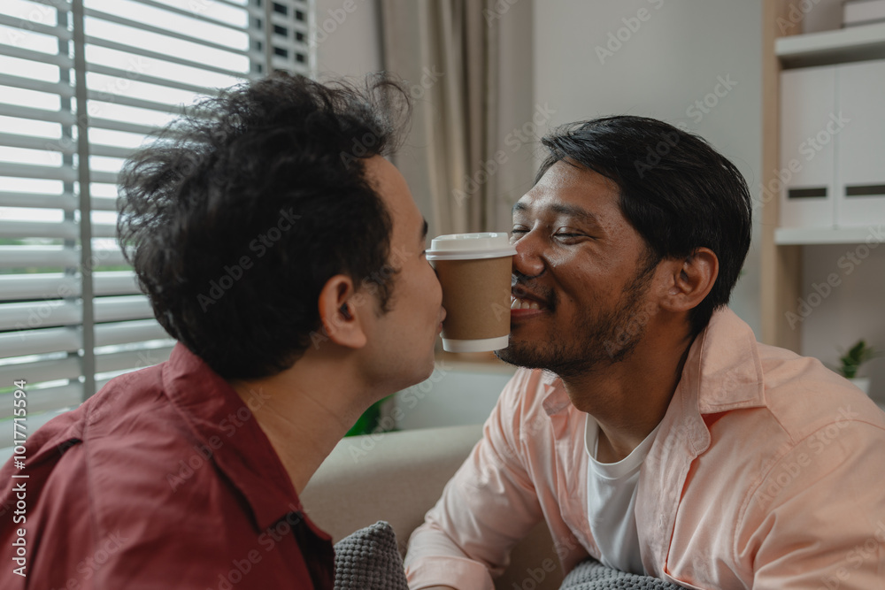 Obraz premium a male couple is very happy spending time together, enjoying their romantic relationship, the two lovers express their love for each other very sweetly, enjoyment, married, positive.