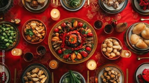 Chinese New Year Feast with Traditional Dishes and Decorations