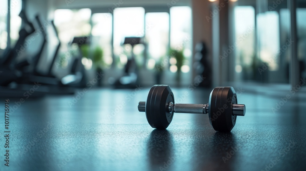 Close-up of a pair of dumbbells resting on a gym floor with a clean, modern fitness environment in the background Close-up of a pair of dumbbells resting on a gym floor with a clean, modern fitness environment in the background