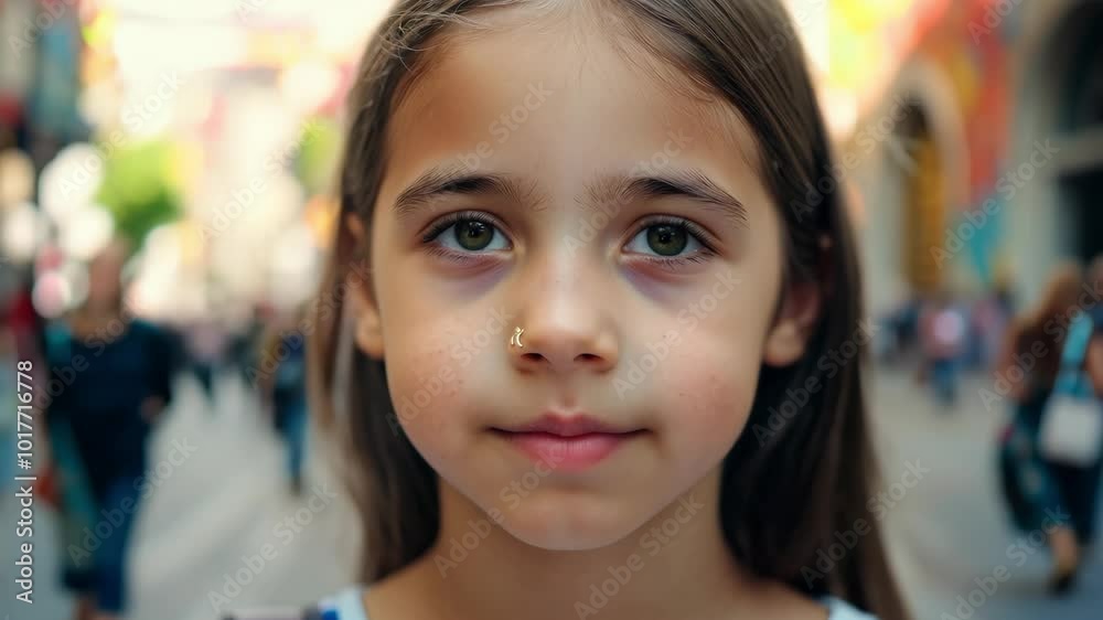 Portrait of a young girl with nose piercing on busy street Portrait of a young girl with nose piercing on busy street