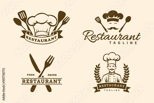 Set of Vintage Restaurant Logos Featuring Chefs and Kitchen Utensils