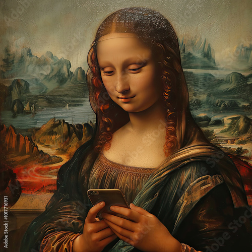 Mona Lisa chatting on the phone