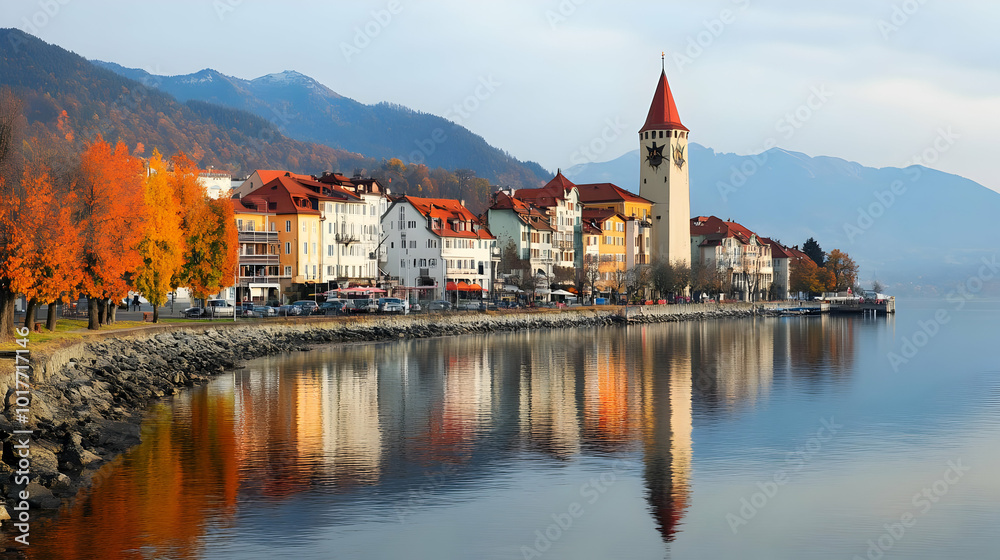 Naklejka premium Picturesque Lakeside Town with Autumnal Colors and Mountain Views.
