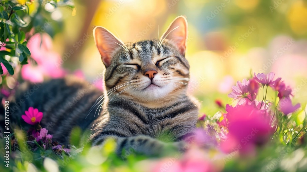 Happy cat with a charming smile, relaxing in a sunny garden with blooming flowers around Happy cat with a charming smile, relaxing in a sunny garden with blooming flowers around