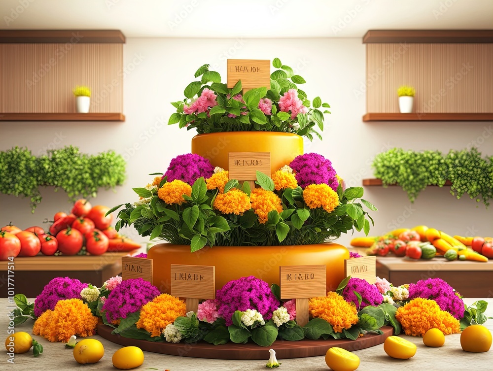 Rustic Herb Arrangement: Charming Poster Featuring Basil and Mint in a Cylindrical Display, Surrounded by Colorful Vegetables – Perfect for a Cozy Kitchen or Sporting Interior Décor