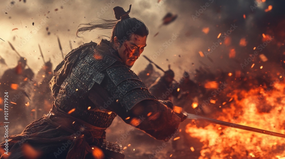 Naklejka premium A Warrior in Battle Amidst Fiery Chaos