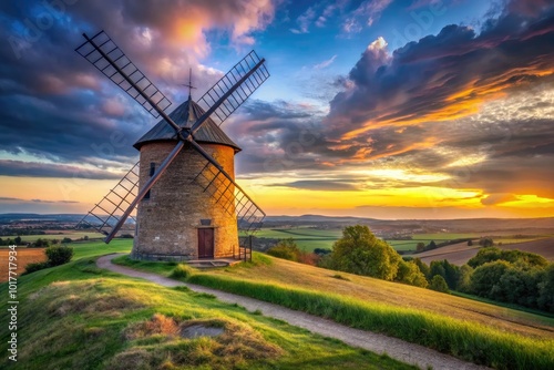 Chvalkovicky Windmill stands tall against the dusky sky in Moravian Tuscany, showcasing the breathtaking beauty of Czech Republic's iconic landscapes and picturesque windmills.