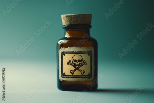 Small glass bottle with a cork and a poison label displayed against a soft background