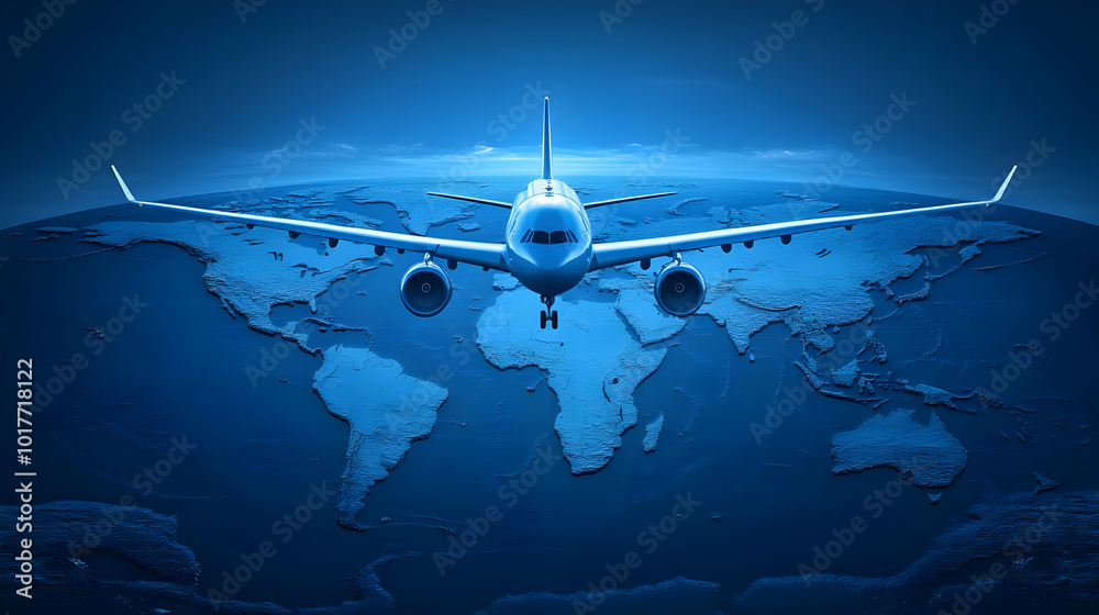 Fototapeta premium Airplane Flying Over World Map.
