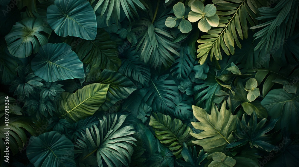 Fototapeta premium Lush green tropical leaves background.