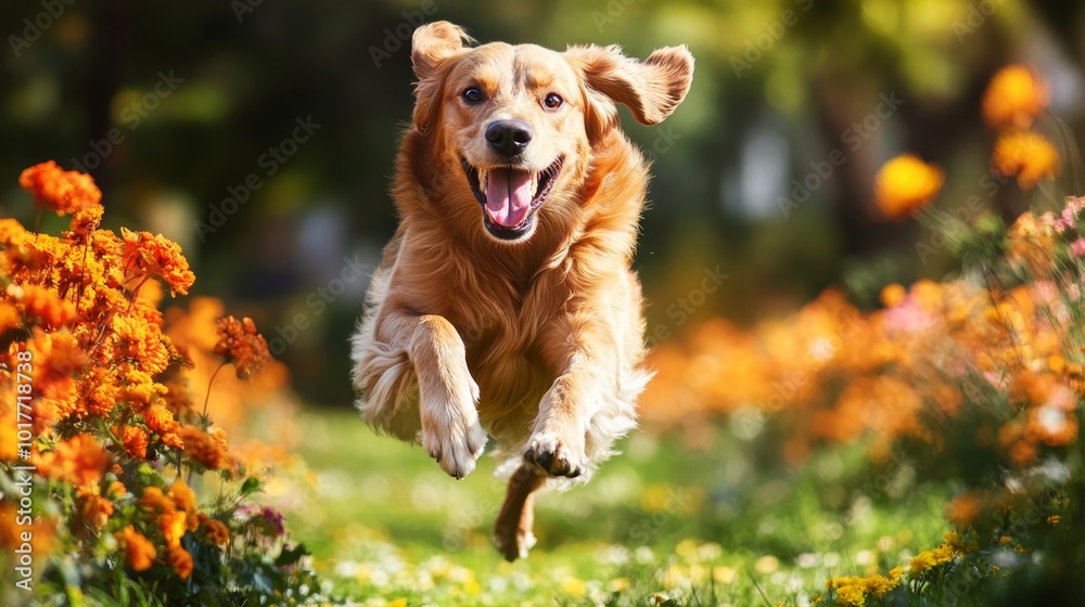 Happy dog with a big grin, running through a flower-filled garden Happy dog with a big grin, running through a flower-filled garden