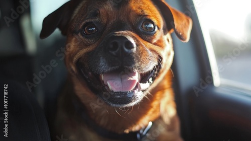 Happy dog with a bright, cheerful face, enjoying a car ride with its head out the window