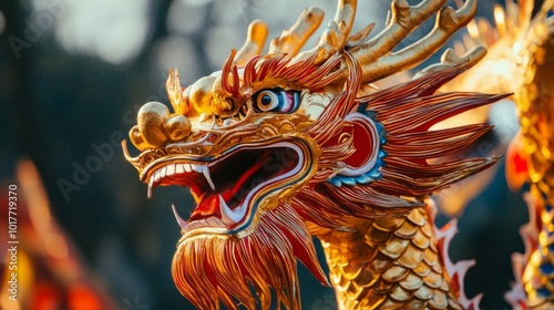 A Close-Up of a Golden Dragon's Head with a Red Mane and Open Mouth