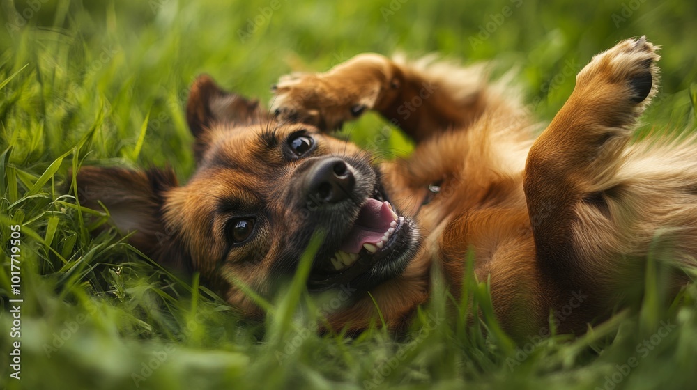 Happy dog with a cheerful grin, rolling around in a grassy field Happy dog with a cheerful grin, rolling around in a grassy field