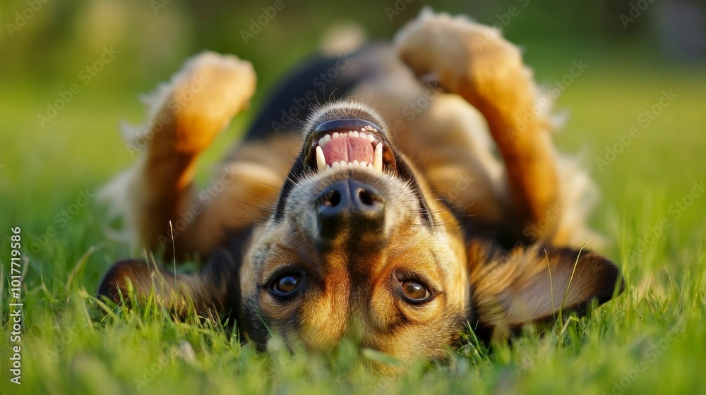 Obraz premium Happy dog with a cheerful grin, rolling around in a grassy field