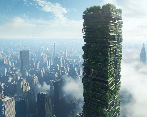 Urban farming megastructure, towering vertical farms integrated into the city skyline photo