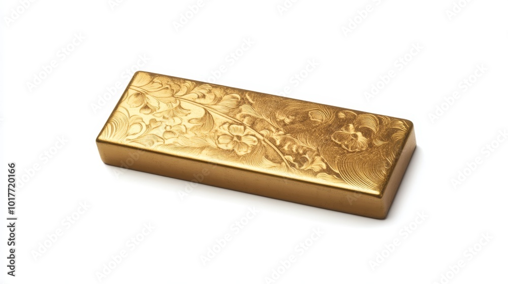 Shiny gold bar with a smooth, reflective surface and intricate etchings, displayed on a white background to emphasize its luxurious and sophisticated design Shiny gold bar with a smooth, reflective surface and intricate etchings, displayed on a white background to emphasize its luxurious and sophisticated design