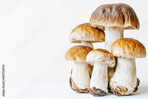 porcini mushrooms grouped together on a white background with copy space