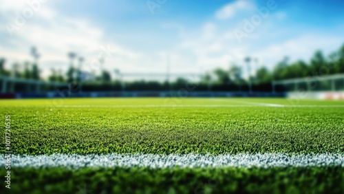 Close-up of a soccer field with blurred background, green grass, and white sideline marking under daylight, perfect for sports, fitness, and outdoor activity