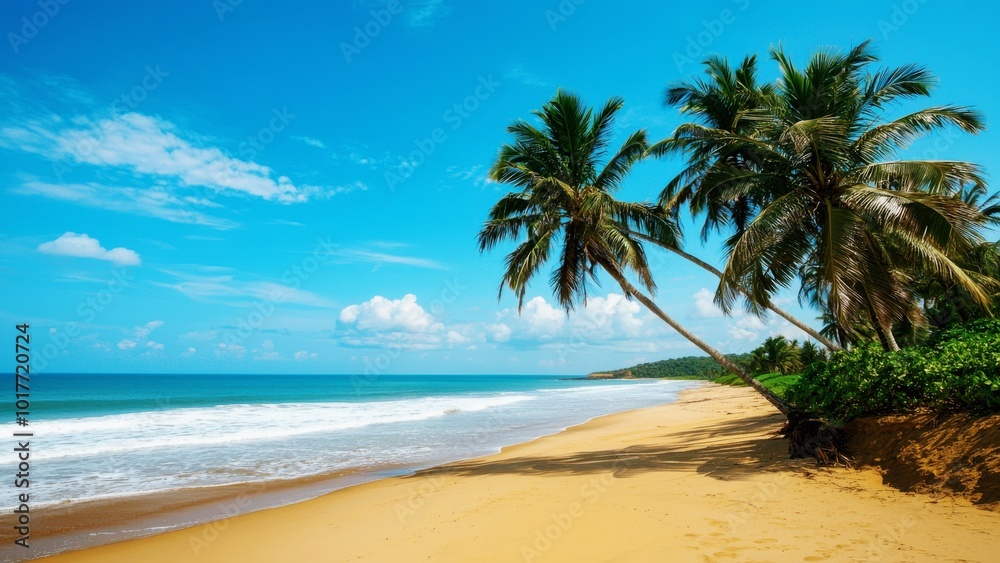 Golden sandy beach with palm trees tropical paradise Golden sandy beach with palm trees tropical paradise