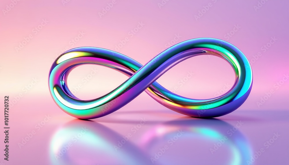A colorful metallic infinity symbol reflects light against a pastel backdrop A colorful metallic infinity symbol reflects light against a pastel backdrop