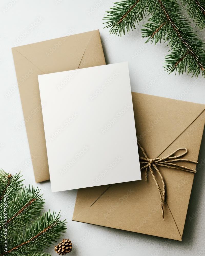 Blank Christmas card and envelope mockup with gift box, pine branches, and natural twine ribbon on white background