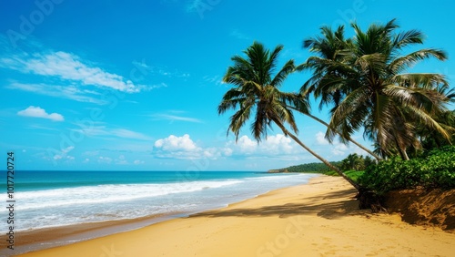 Golden sandy beach with palm trees tropical paradise