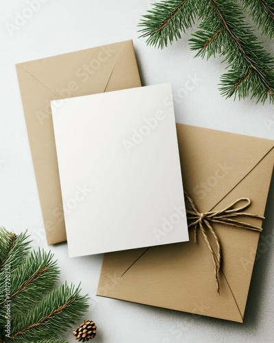 Obraz na płótnie Blank Christmas card and envelope mockup with gift box, pine branches, and natural twine ribbon on white background w salonie