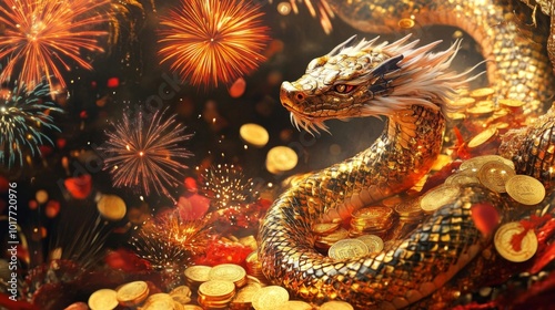 A Golden Dragon Surrounded by Fireworks and Coins