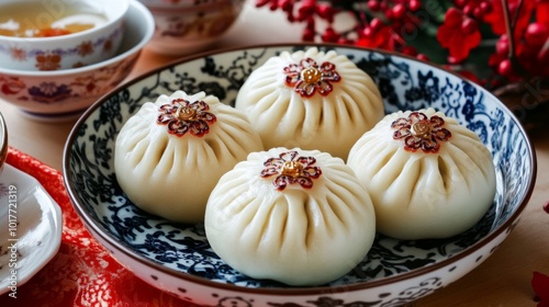 Four Steamed Buns with Red and Gold Flower Toppings in a Blue and White Bowl photo