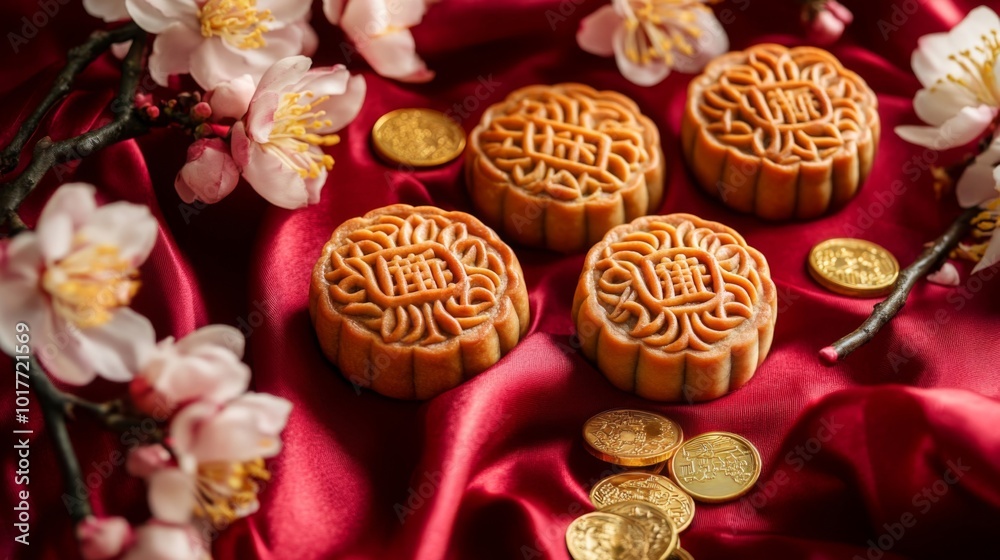 Chinese Mooncakes with Gold Coins and Blossom Branches on Red Silk Chinese Mooncakes with Gold Coins and Blossom Branches on Red Silk