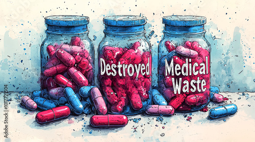 Features jars filled with colorful capsules labeled 'Destroyed Medical Waste,' illustrating themes of healthcare waste and environmental concerns artfully. photo