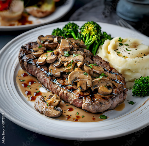 Grilled steak with sautéed mushrooms photo